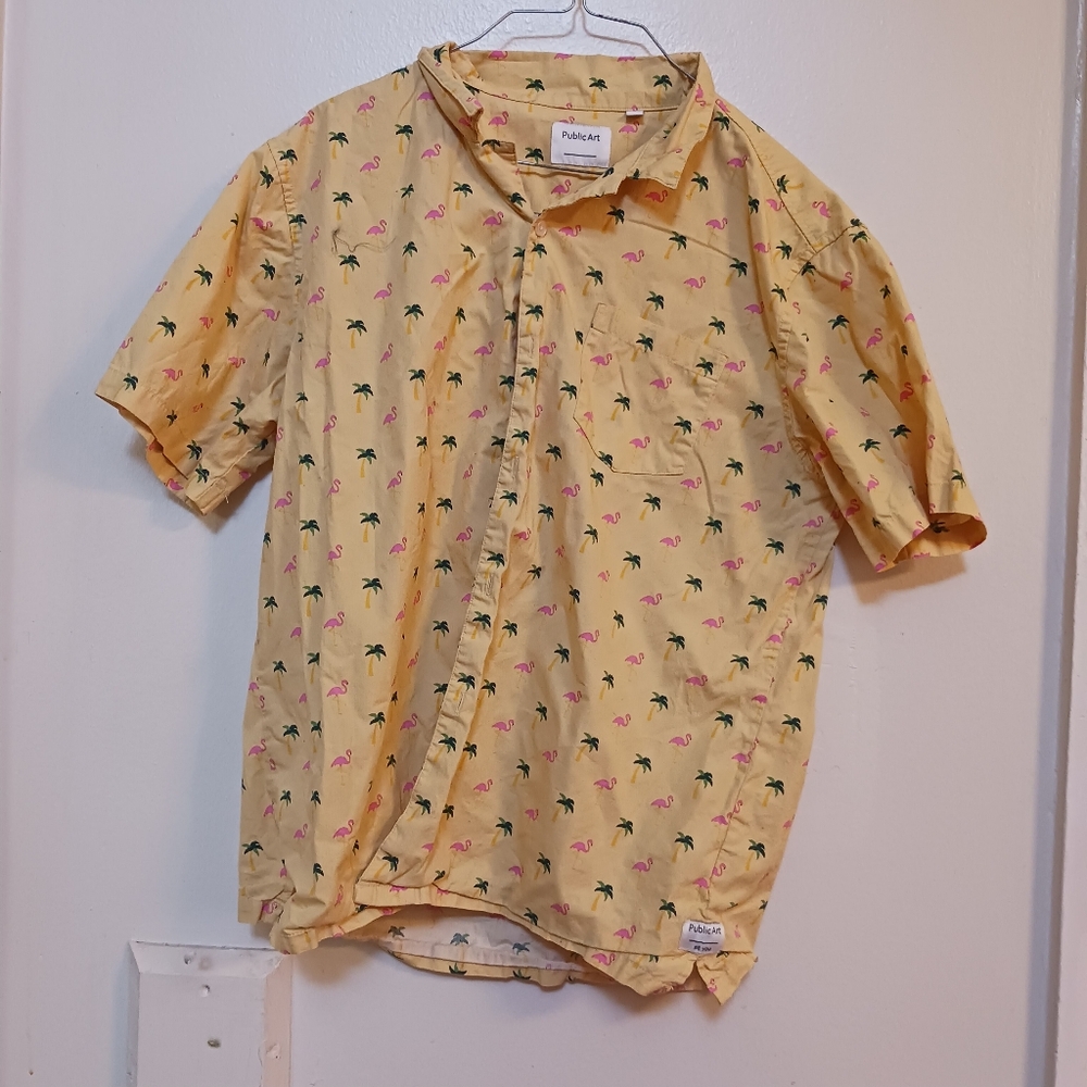 Mens Flamingo Palm Tree shirt All Over Print Yellow Button XL